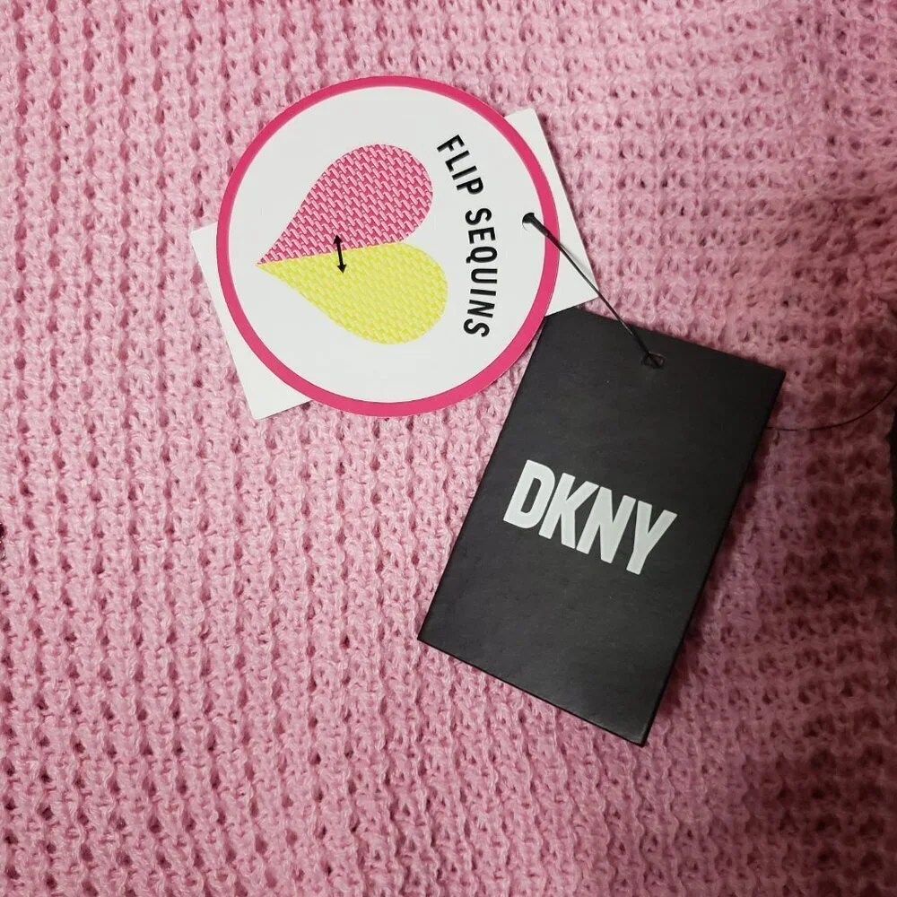 DKNY Girls Sz L Pink Flip Sequin Knit Hoodie Sweater(1486)